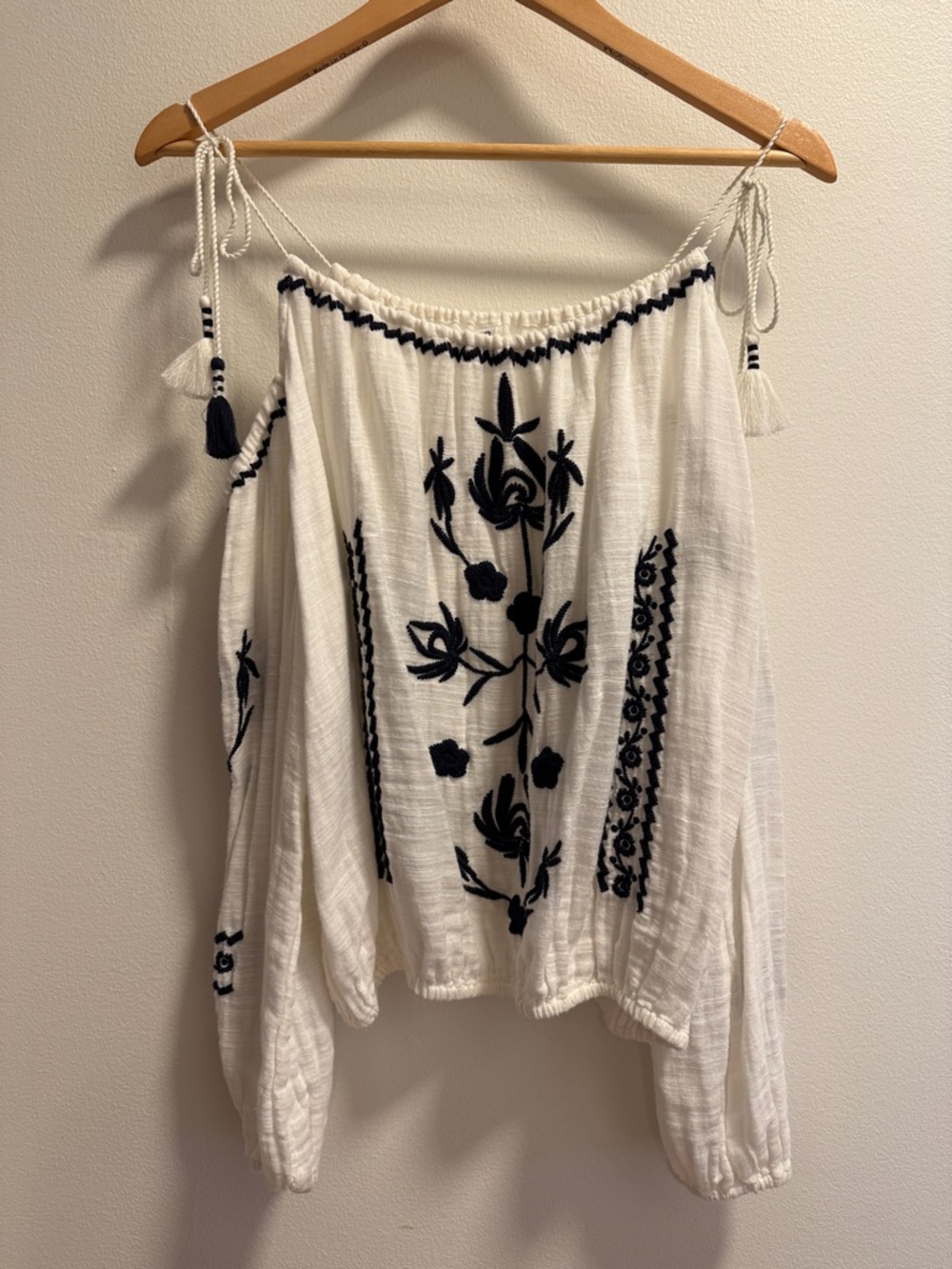 bp White Off-Shoulder Peasant Top with Navy Floral Embroidery
